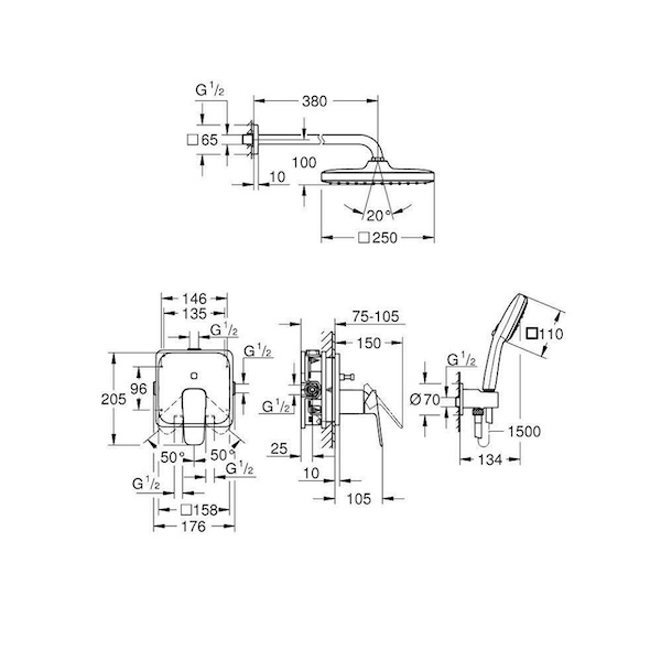 10533624300 КОМПЛЕКТ ДУШ ГАРНИТУРА ЗА ВГРАЖДАНЕ С TEMPESTA 250 GROHE CUBEO 1053362430
